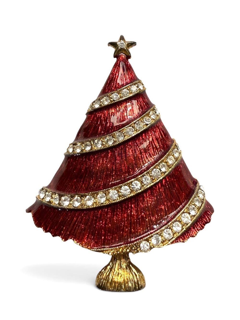 Vintage Eisenberg Ice Red Enameled Rhinestone Christmas Tree Brooch Pin